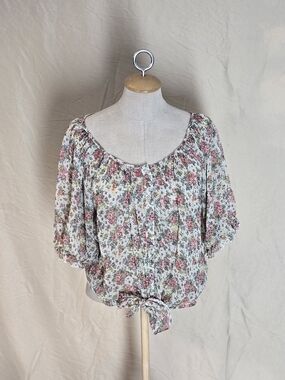 Women's Floral Tie-Front Blouse - Pink on White